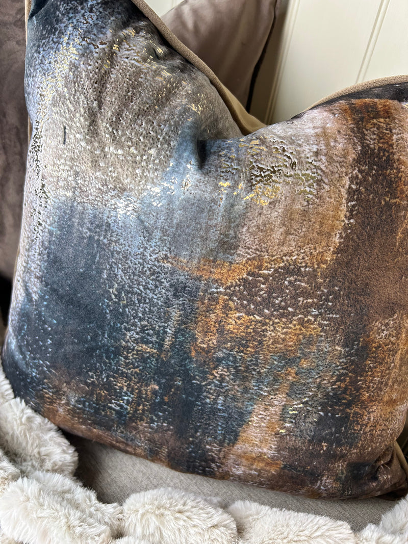 Paul Moneypenny Bronze brown navy Abstract Too Good Velvet Cushion 45cm