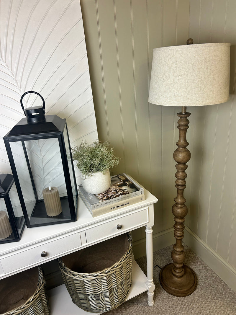 Wooden shaped floor lamp with linen shade