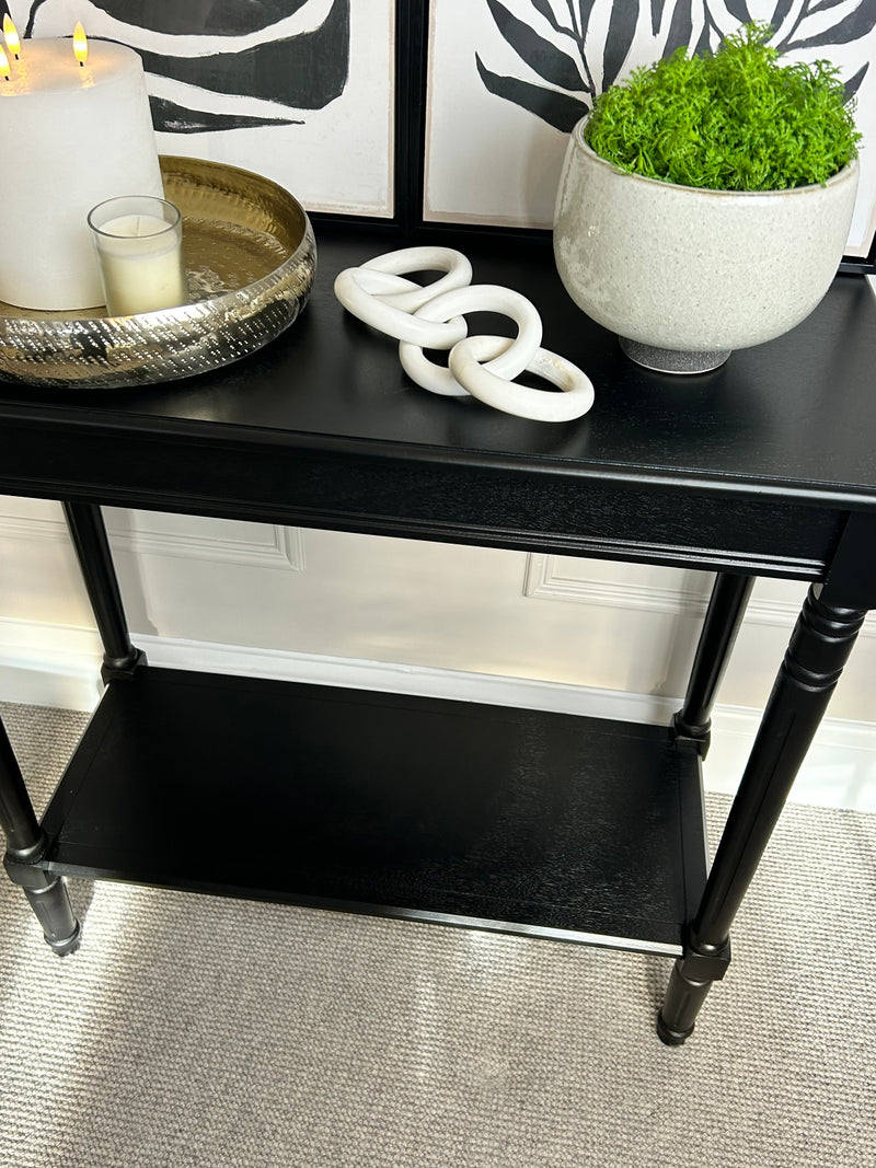 Black rectangular turned leg console table