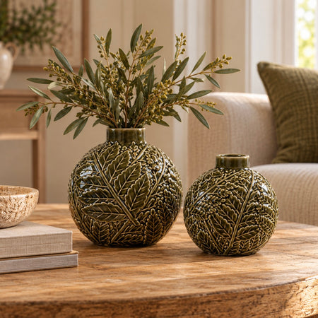 Forest dark green fern embossed vase 2 sizes