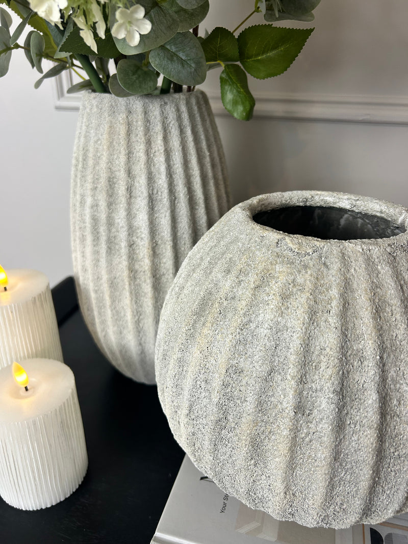 Stone ribbed vase rustic 2 sizes