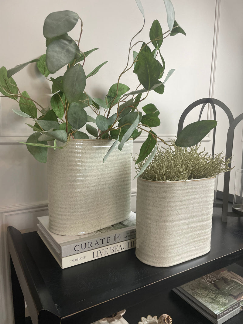 Oval ribbed slim neutral taupe vase