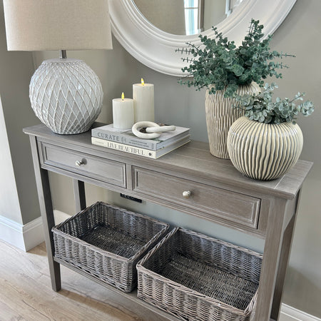 Washed wood 2 drawer console table with shelf