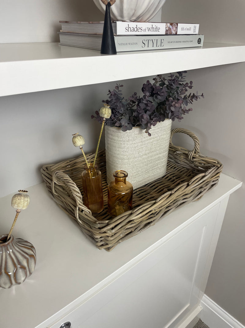Oval ribbed slim neutral taupe vase