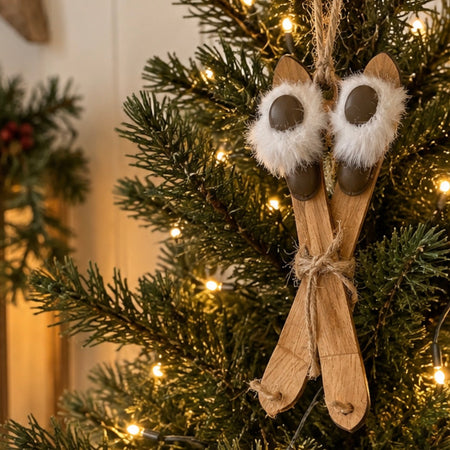 Wooden Vintage Hanging Skis with Boots