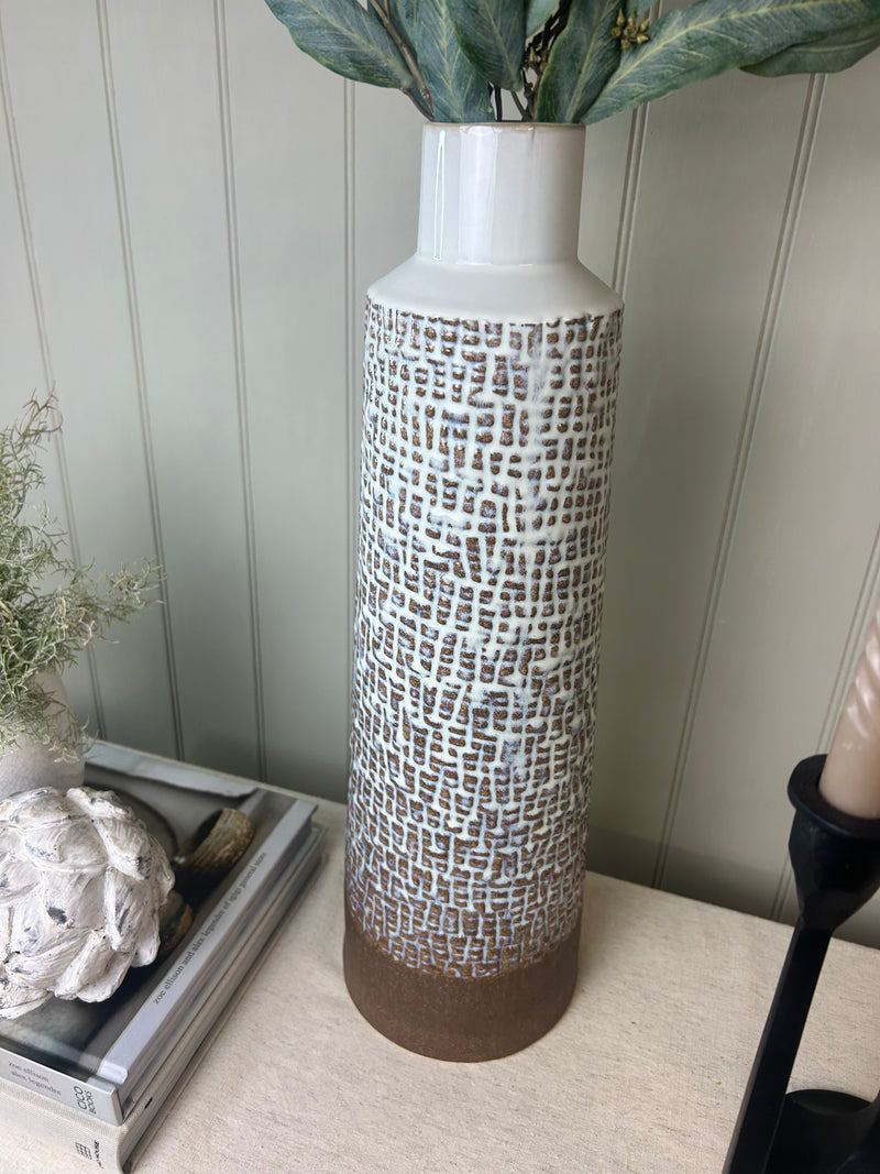 White Brown Aztec Tall Two Tone Vase