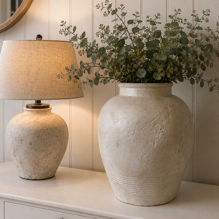 Chunky 35cm rustic wide cream ribbed vase