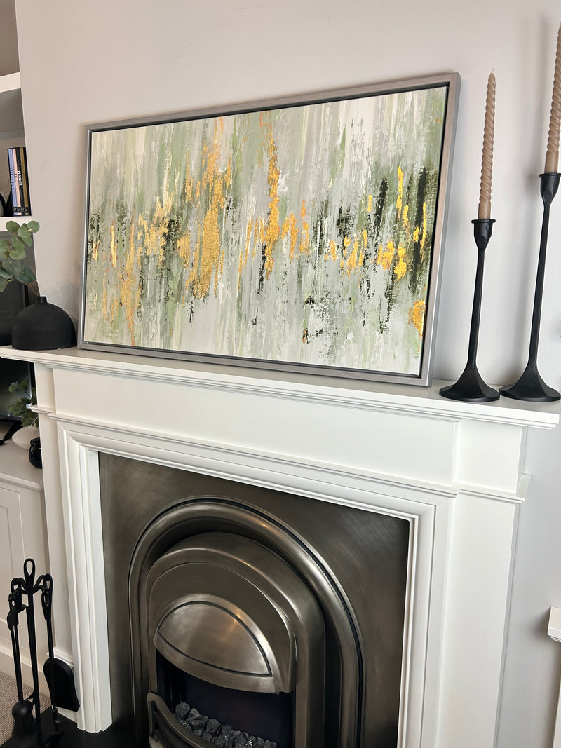 Dripping moss green and gold by Tom Reeves abstract framed canvas 60x96cm