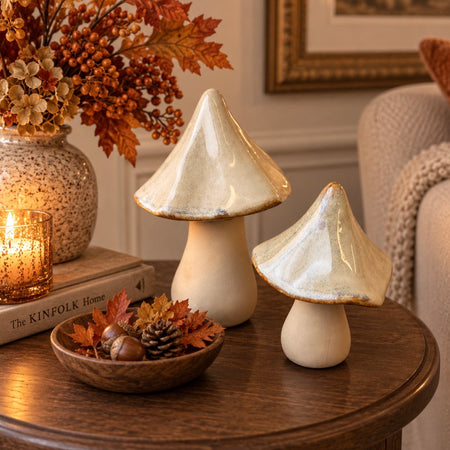 Beige two tone reactive glaze  Mottled autumn ceramic Mushroom, 2 sizes