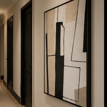 Black white cream stone large abstract painting framed art