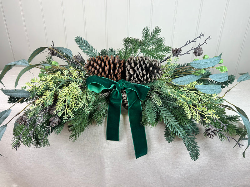 Pine mixed Foliage Bow Swag with green ribbon
