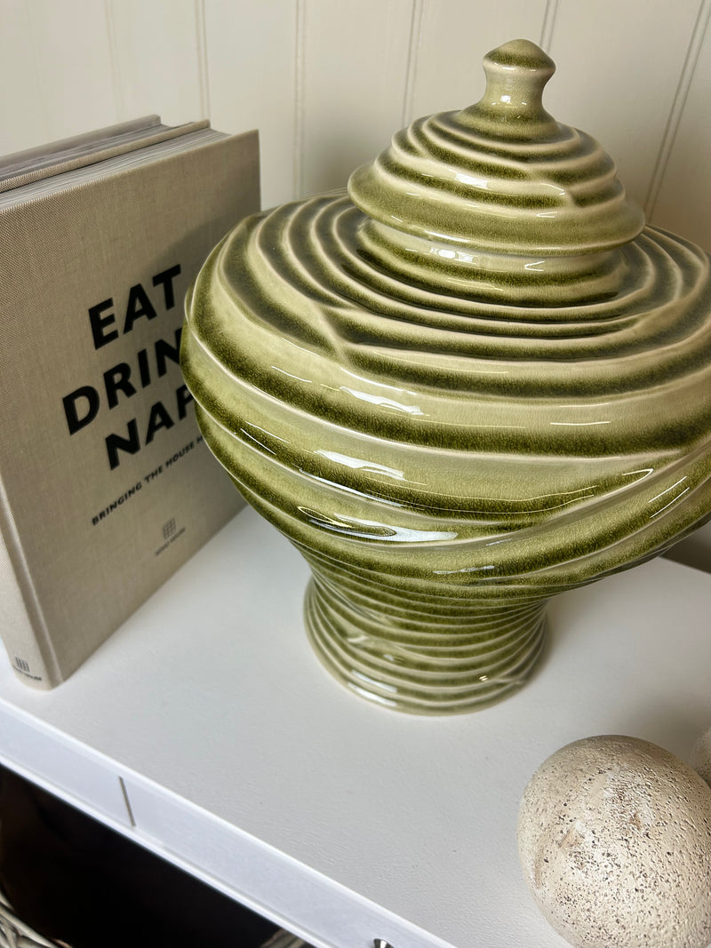 Ceramic green ripple ginger jar vase