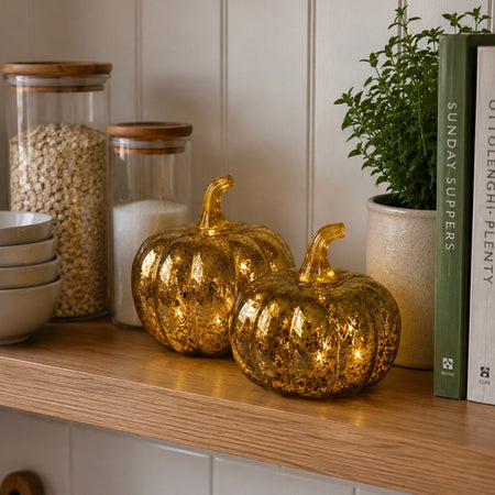 Set of two delicate led lit pumpkins gold 13cm 10cm