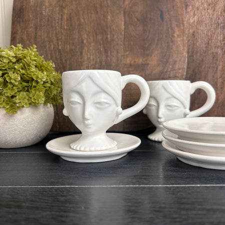 Set of 4 White Faces Espresso Cups & Saucers