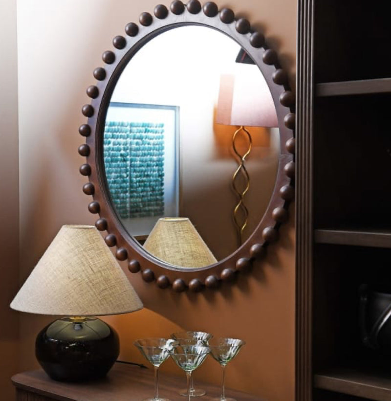 Brown dark wood 90cm bobble round mirror