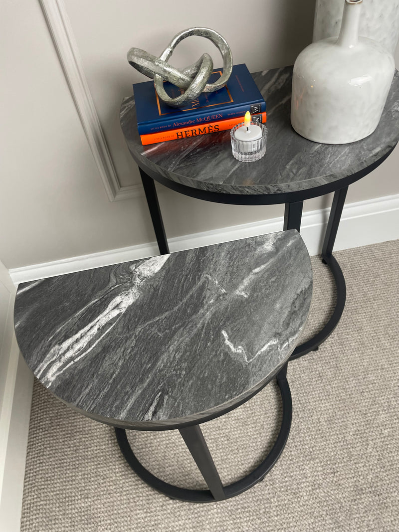 Black marble look top half moon table