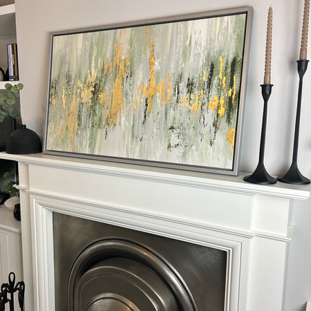 Dripping moss green and gold by Tom Reeves abstract framed canvas 60x96cm