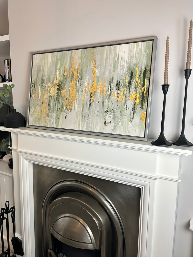 Dripping moss green and gold by Tom Reeves abstract framed canvas 60x96cm