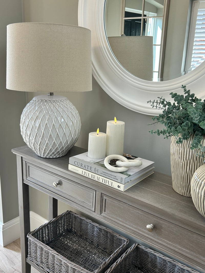 Lattice textured ceramic lamp with linen shade