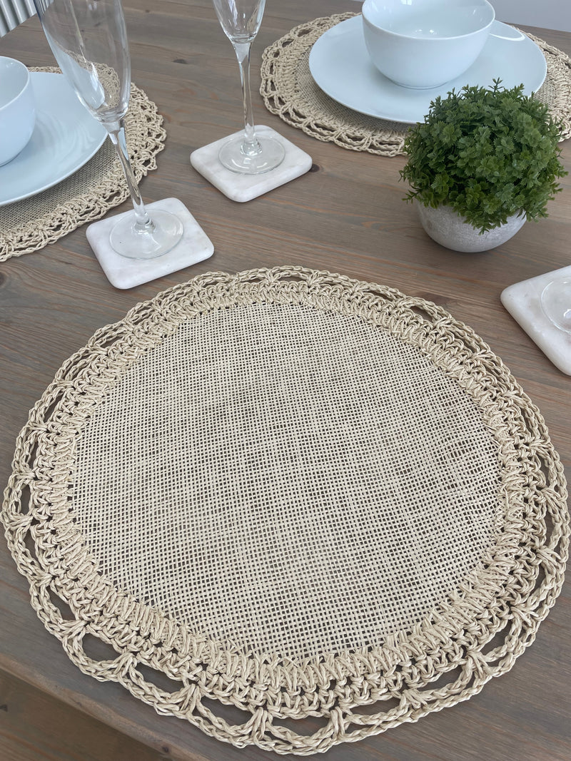 Set of 4 natural linen and crochet placemats