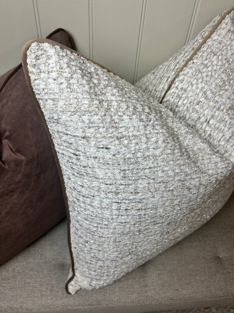 Textured slub large stab print neutral brown trim cushion 58cm