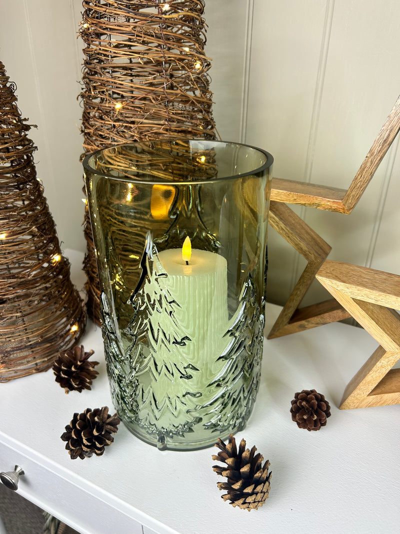 Large glass Green tree Forest Candle Holder embossed