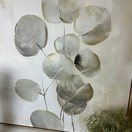 Silvra hand painted neural leaf eucalyptus floral framed wall art 80x80cm