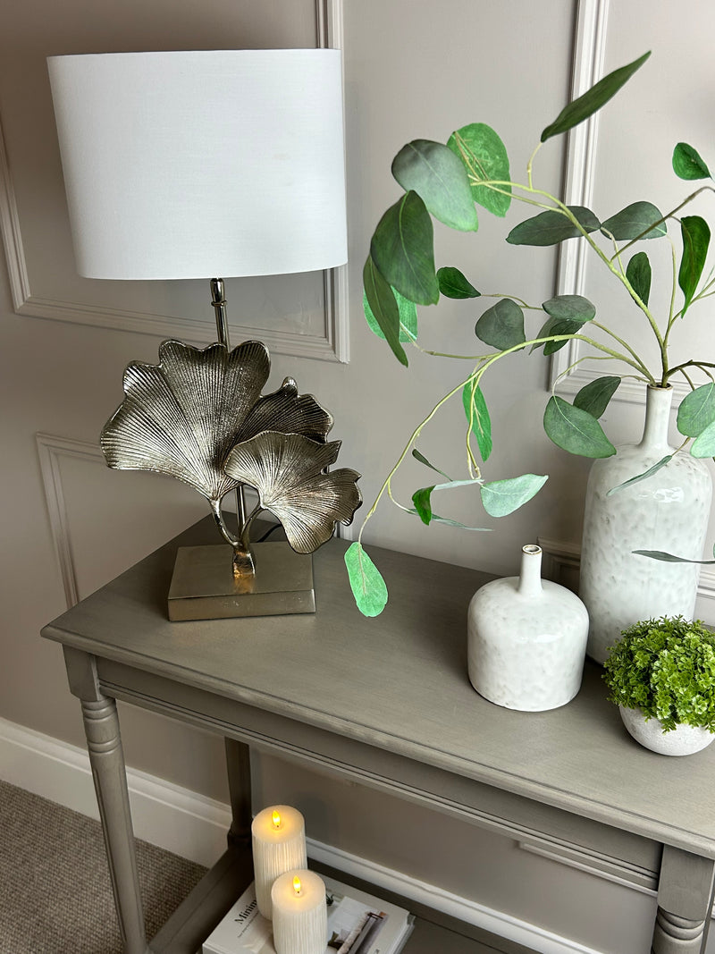 Gingko champagne leaf petal metal lamp with white oval shade