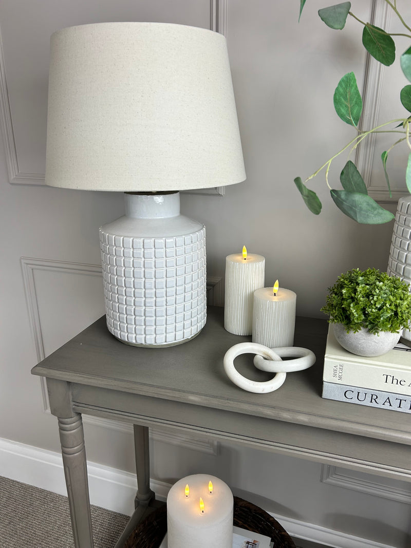 Stone grid print white lamp with linen shade