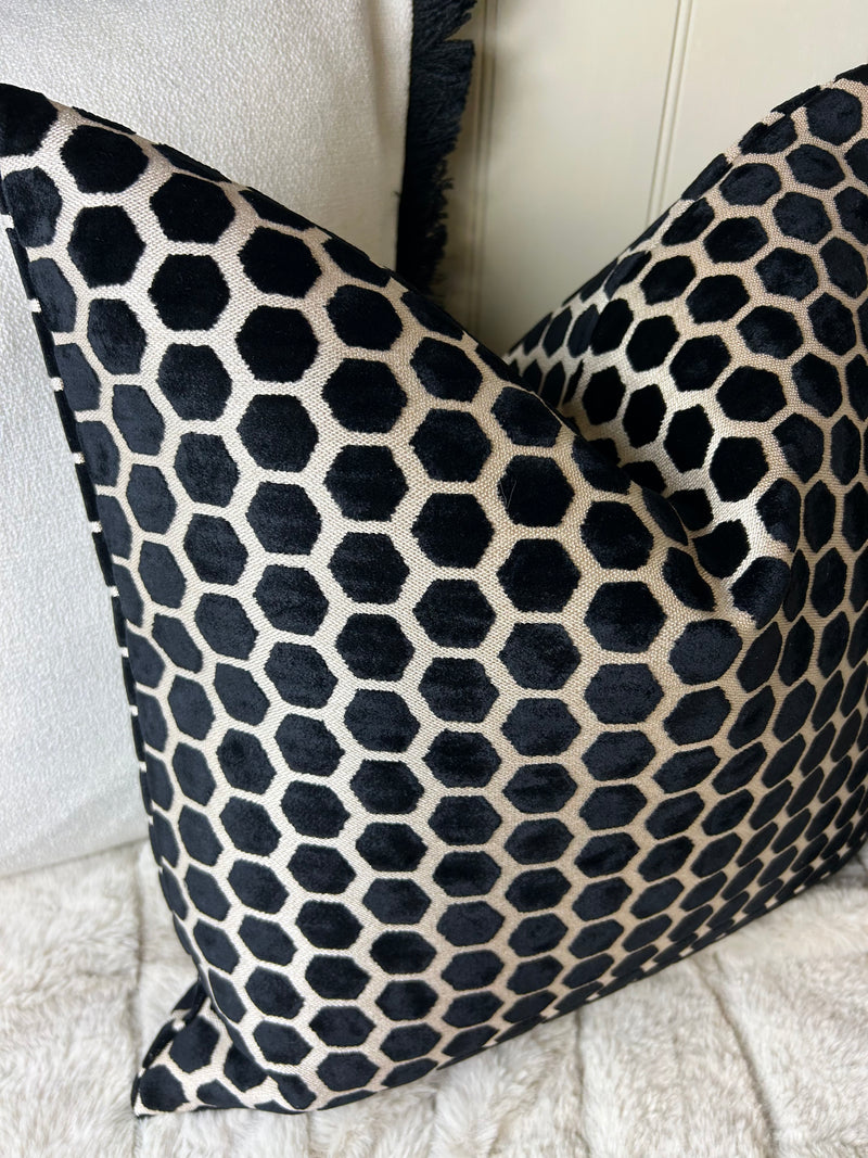 Black Natural printed textured Jorvik hex luxury cushion 43cm