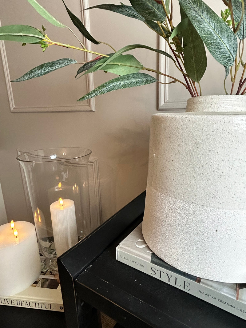 White cream textured two tone large ceramic shaped vase