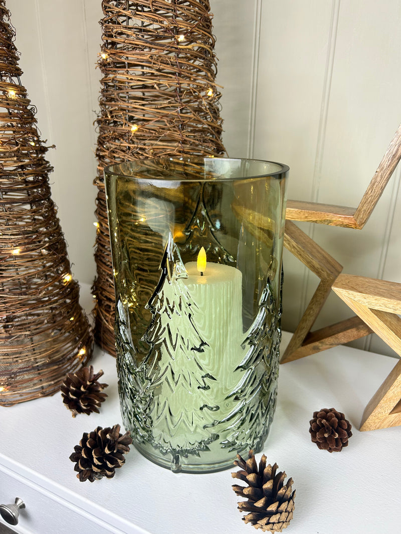 Large glass Green tree Forest Candle Holder embossed