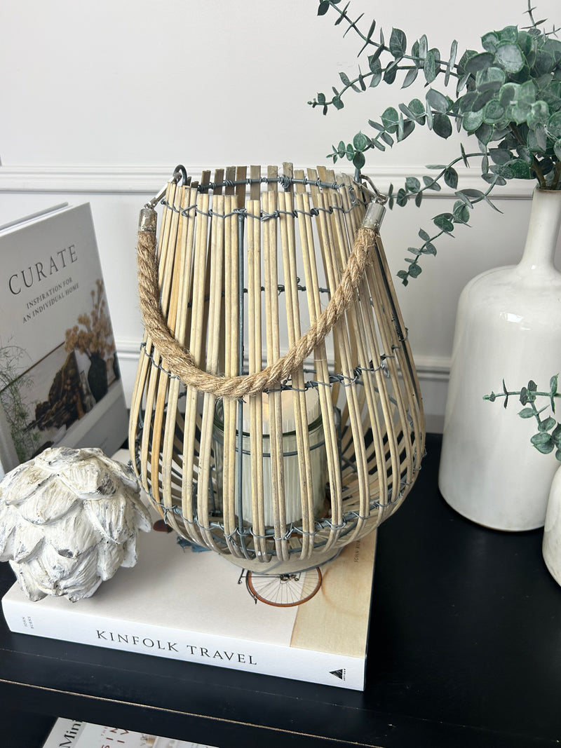 Large Light Willow Lantern with handle candle holder