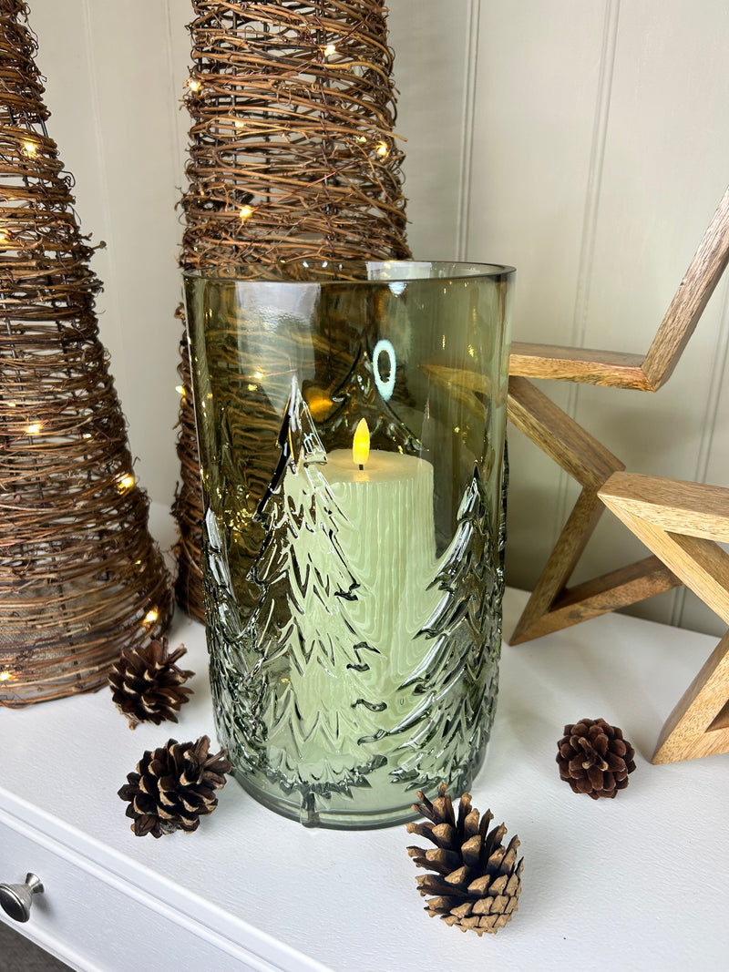 Large glass Green tree Forest Candle Holder embossed