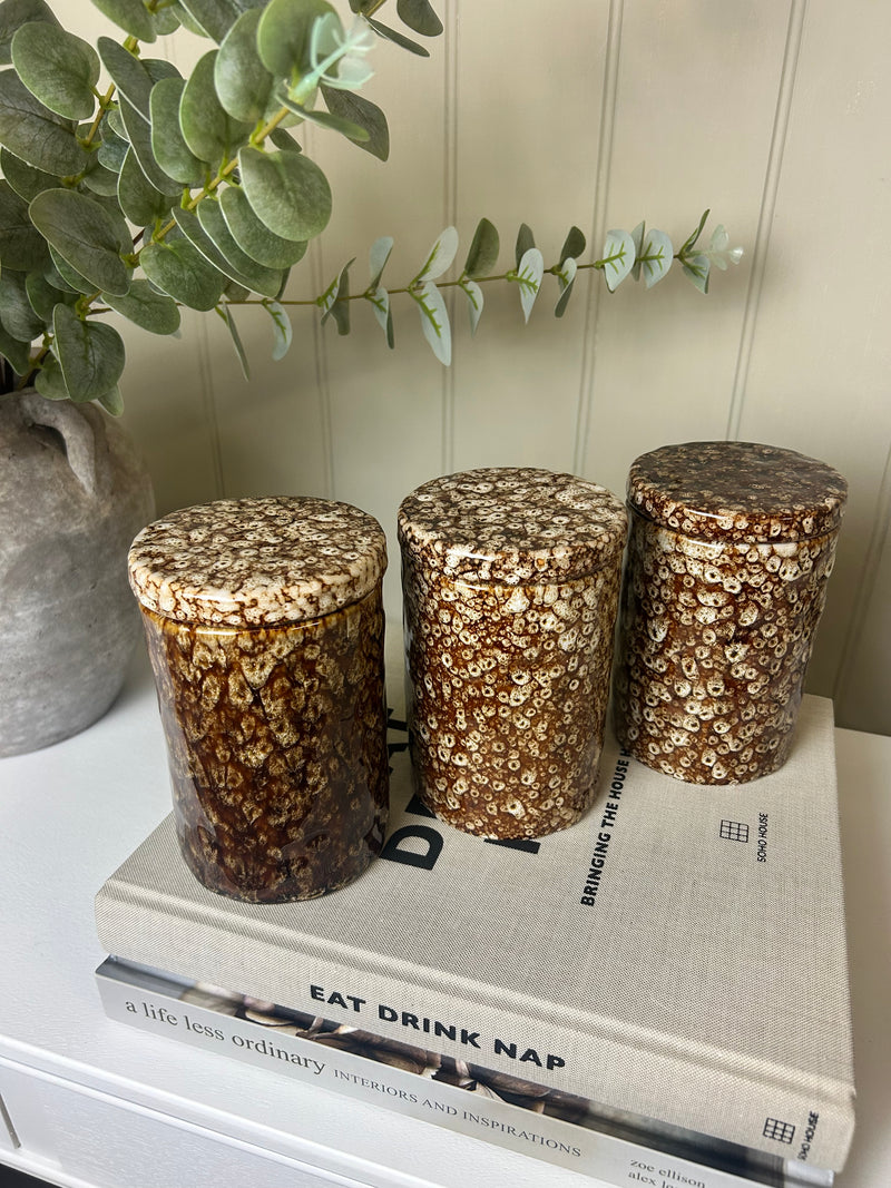 Reactive brown mottled print lidded canisters jars