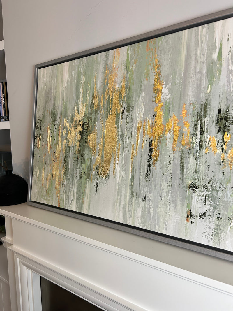 Dripping moss green and gold by Tom Reeves abstract framed canvas 60x96cm
