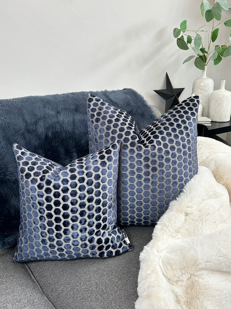 Navy Blue Jorvik Hexagon Velvet Cushion Two Sizes