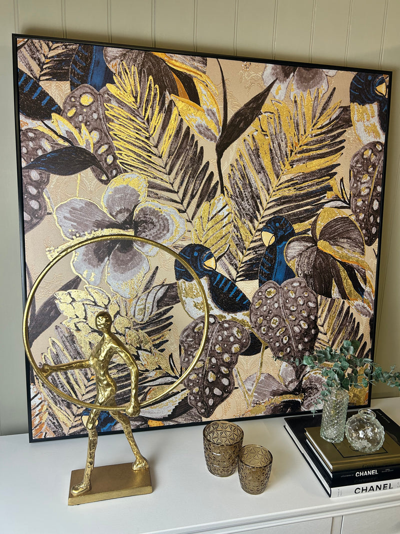 Framed Blue Grey Black bird tropical Nature Canvas picture art