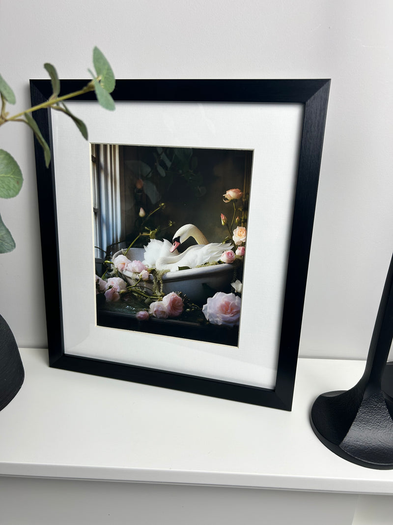 Bathroom joy swan framed print 30x34cm