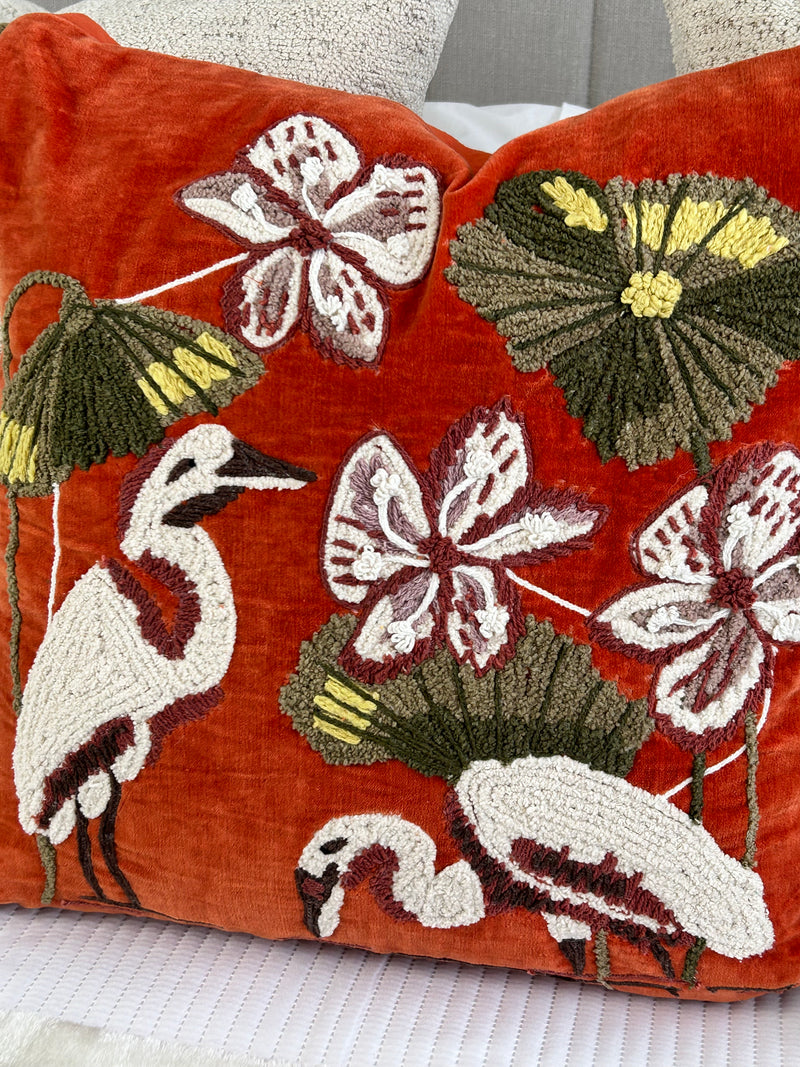 Kushiro Orange Velvet Embroidered Tassel cushion 50cm