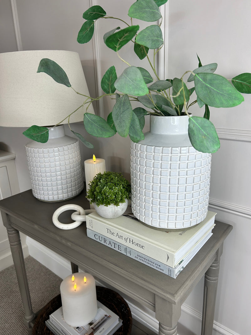 Stone grid print white lamp with linen shade
