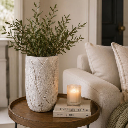 Leaf embossed print vase off white