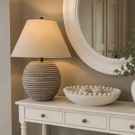 Washed wood saturn ribbed lamp linen shade