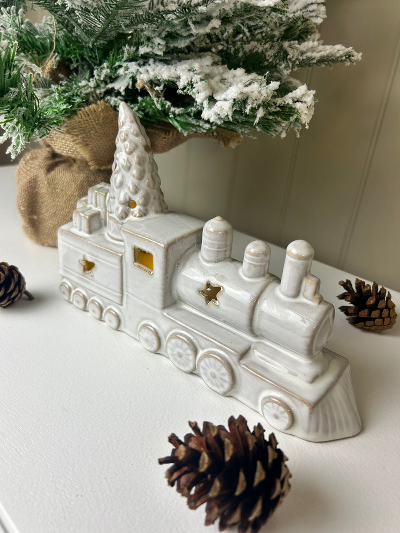 LED Rustic White Ceramic Christmas Train