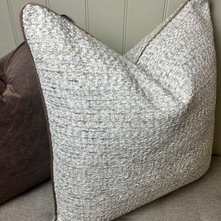 Textured slub large stab print neutral brown trim cushion 58cm
