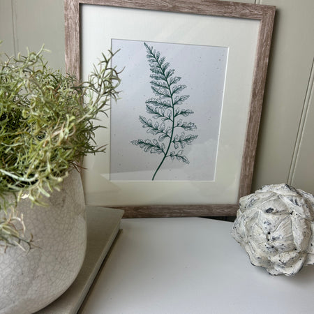 Fern botanical natural green white cream washed wood frame mounted art picture 3 styles
