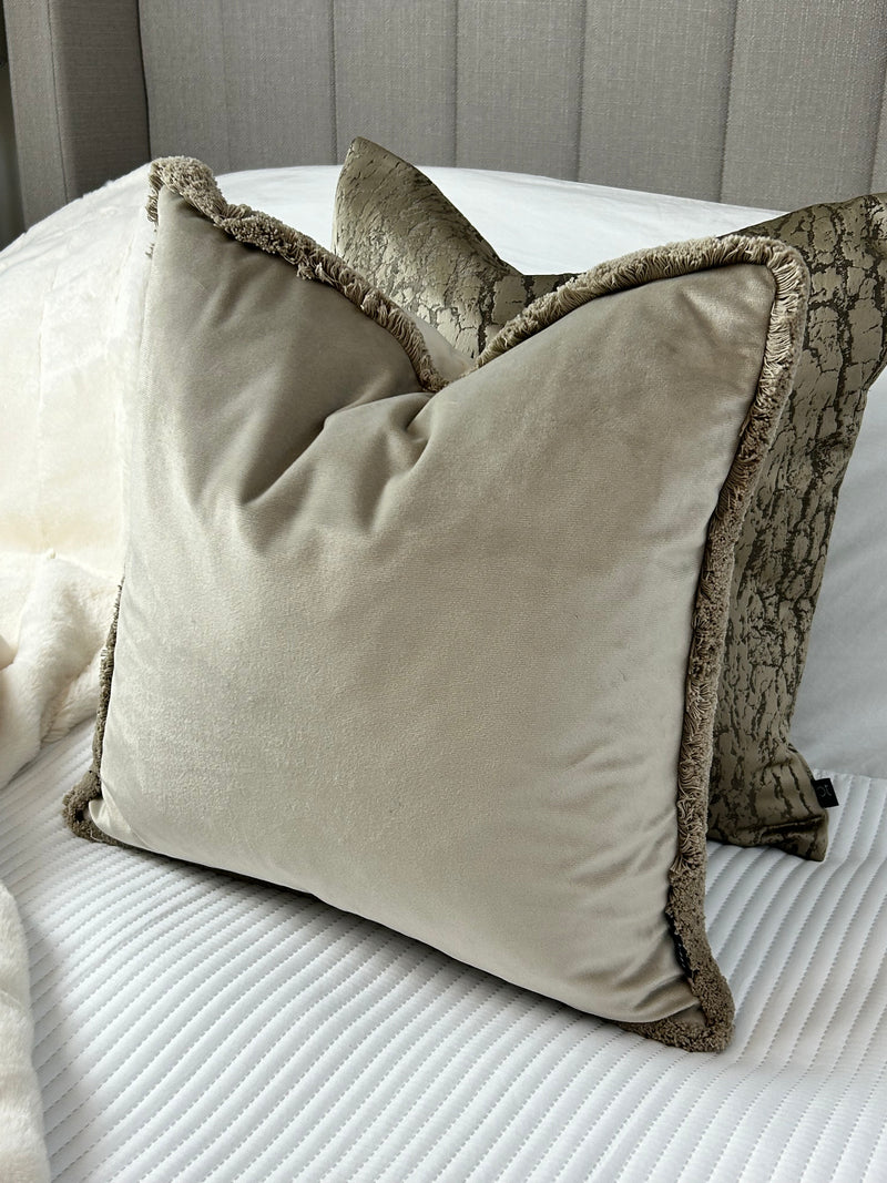 Freya taupe velvet fringed cushion
