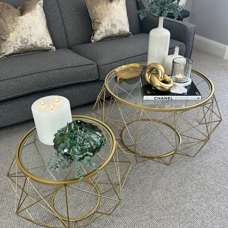 Set of two gold metal glass round coffee tables side table