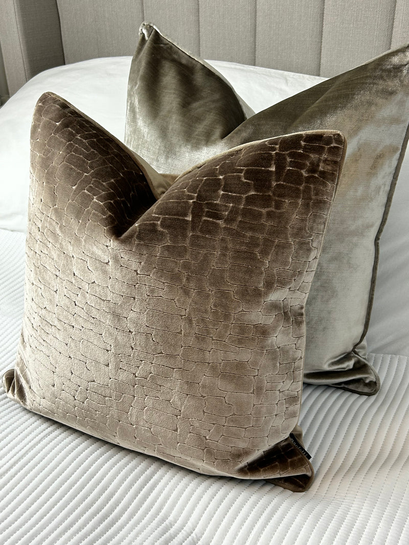 Bloomsbury taupe velvet textured cushion feather filled