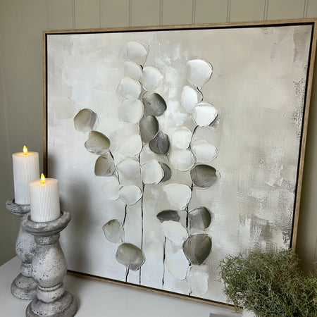 Mistora leaf eucalyptus stem floral hand painted picture framed art 80x80